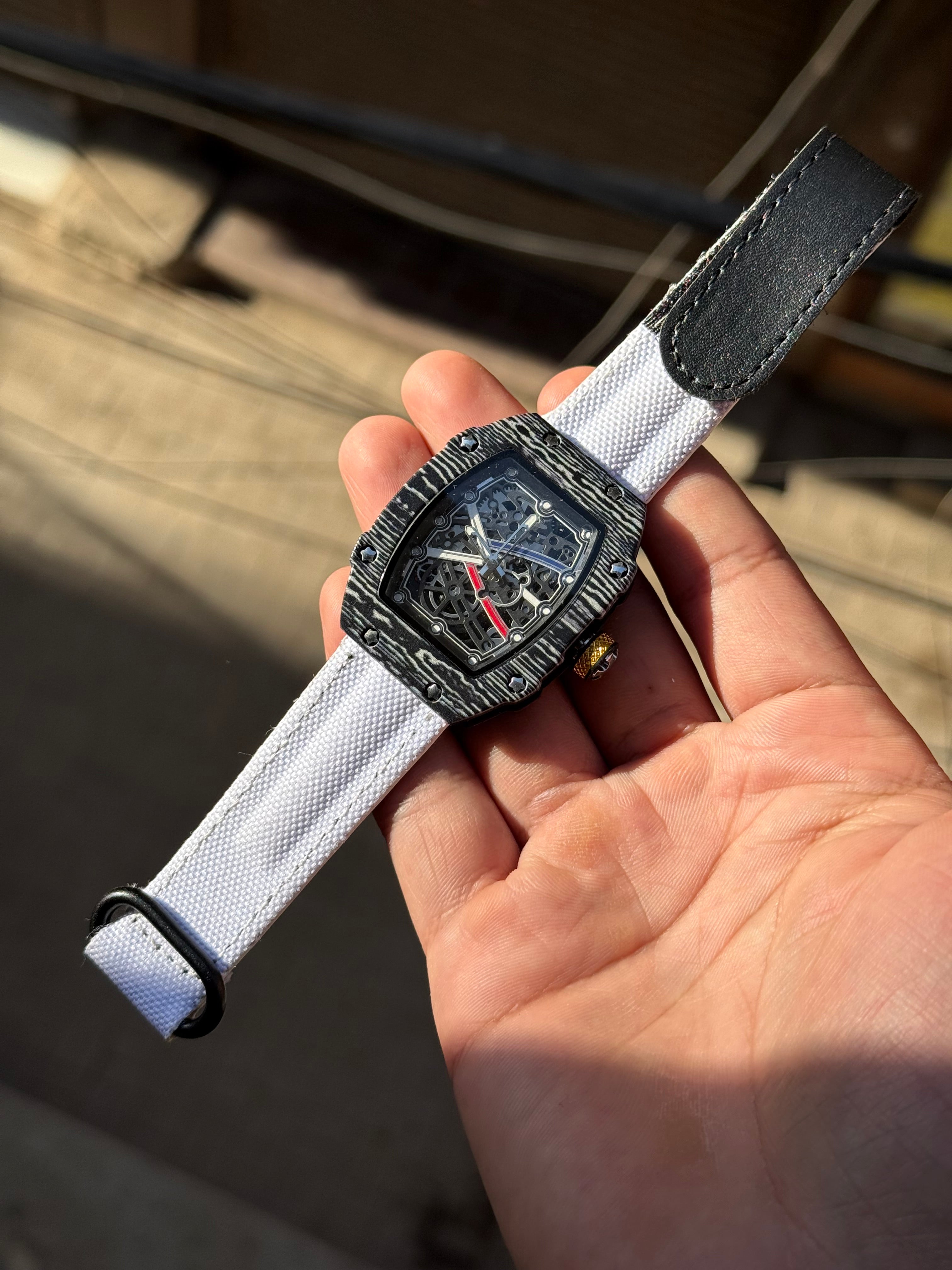 RM Style Skeleton Dial Luxury Watch for Men – Slim Tonneau Case Fabric Strap