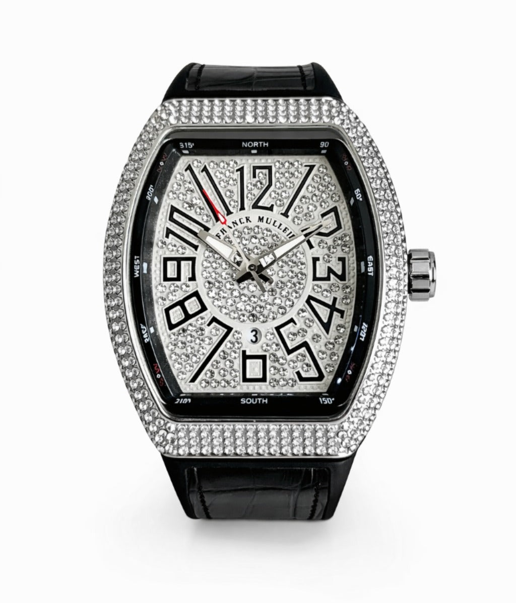 Franck Muller Vanguard Diamond Edition Silver Bezel White Dial Black Strap