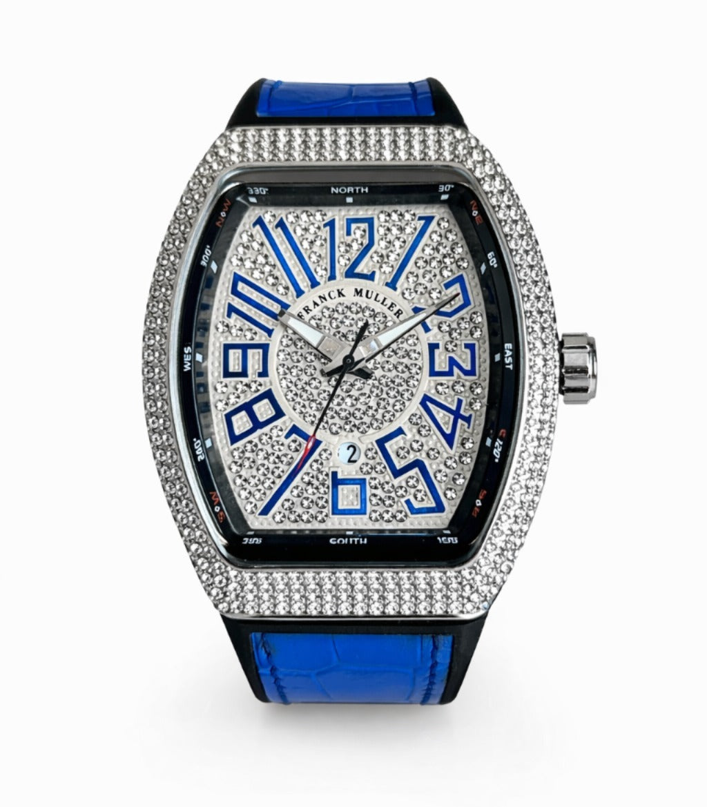 Franck Muller Vanguard Diamond Edition Blue Strap Silver Bezel White Dial