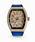 Franck Muller Vanguard Diamond Edition Blue Strap Rose Gold Bezel Golden Dial