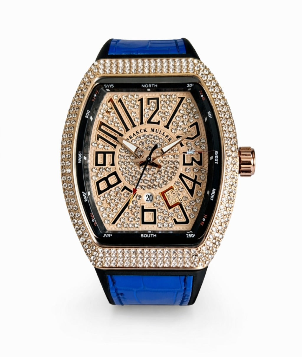 Franck Muller Vanguard Diamond Edition Blue Strap Rose Gold Bezel Golden Dial
