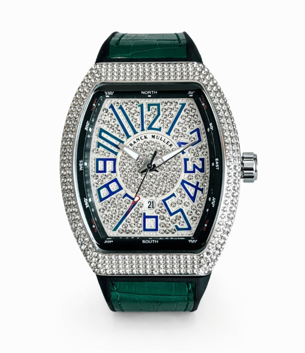Franck Muller Vanguard Diamond Edition Green Strap Silver Bezel White/blue Dial