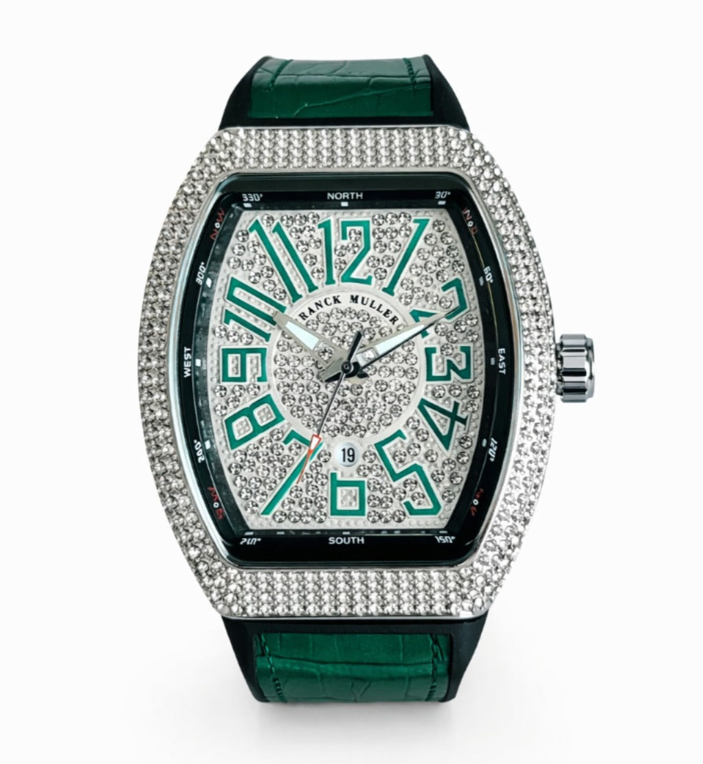 Franck Muller Vanguard Diamond Edition Green Strap Silver Bezel White/Green Dial