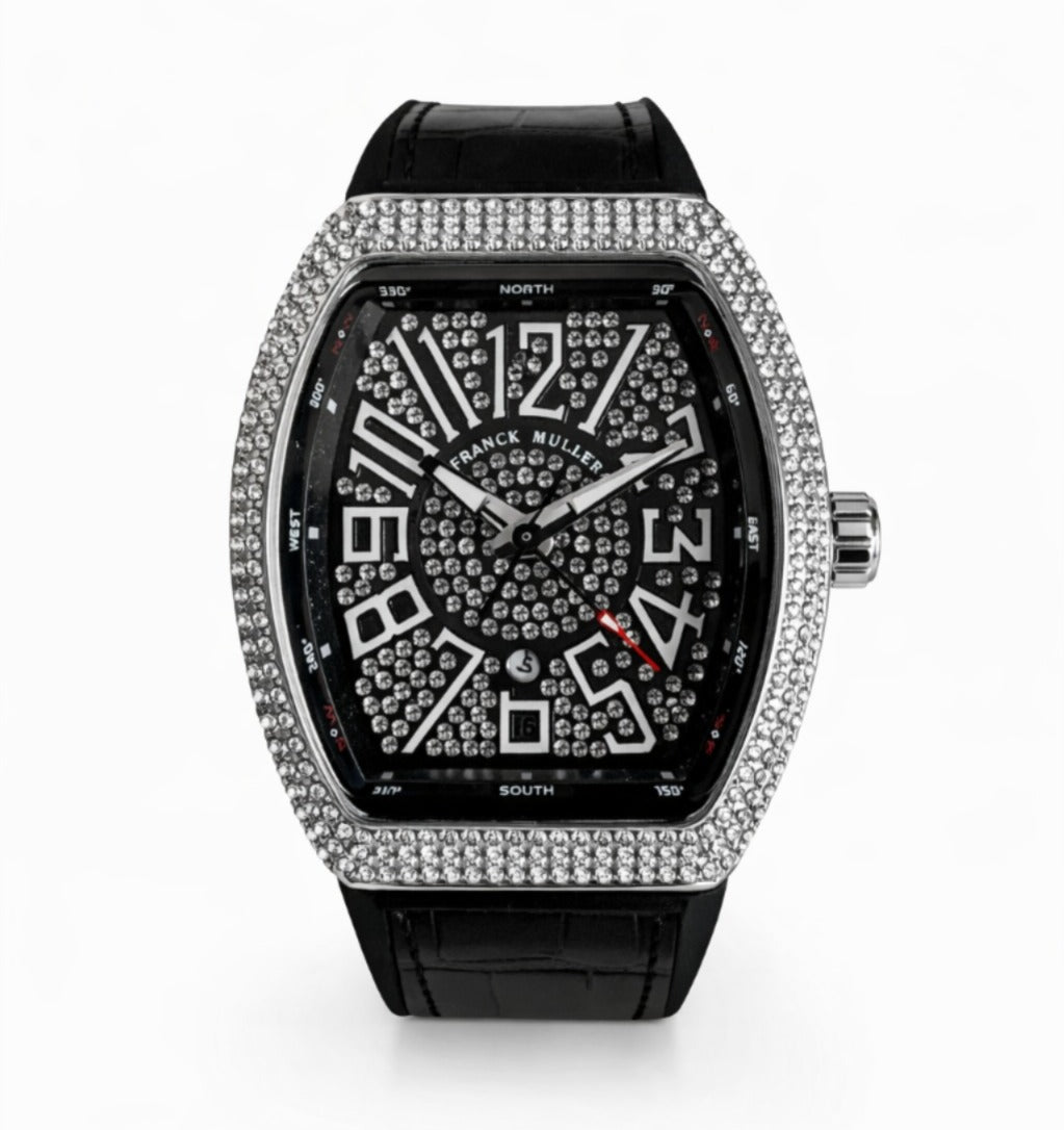 Franck Muller Vanguard Diamond Edition Black Strap Silver Bezel Black Dial